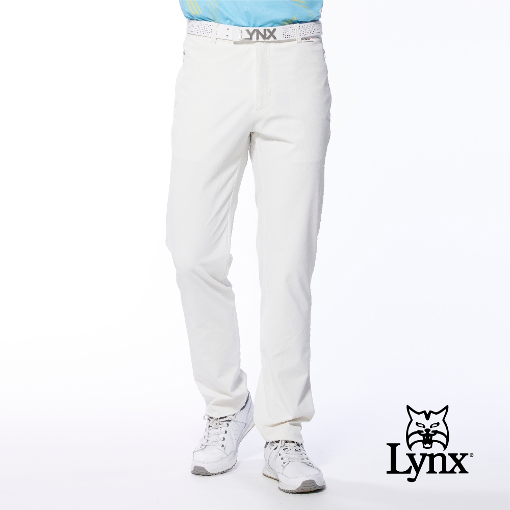 【Lynx Golf】男款日本進口布料拉鍊口袋設計後袋配布剪接平口休閒長褲-白色