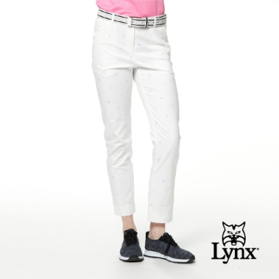 【Lynx Golf】女款吸濕排汗俏皮印花隱形拉鍊口袋窄管九分褲-白色