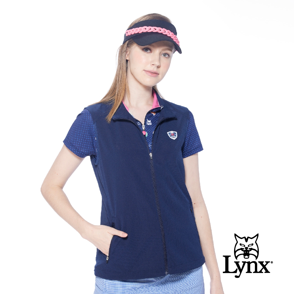 【Lynx Golf】女款吸濕快乾透氣易溶紗材質反光印花?邊剪裁設計無袖背心-白色