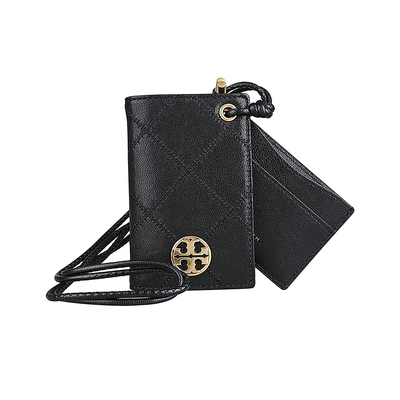 TORY BURCH Willa經典金色圓牌LOGO菱格紋皮革掛繩卡片夾(黑)