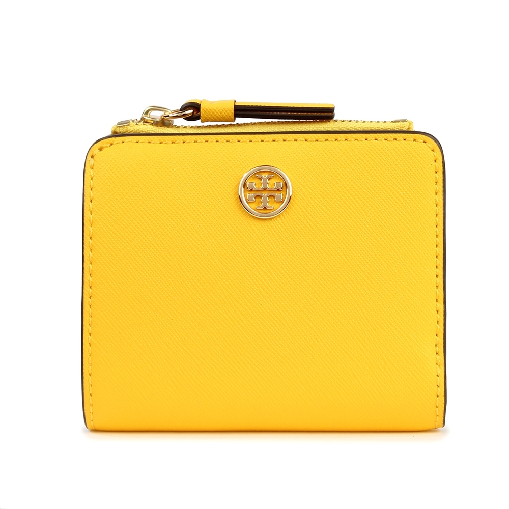 TORY BURCH  Robinson 經典小圓標金屬LOGO防刮皮革短夾-檸檬黃