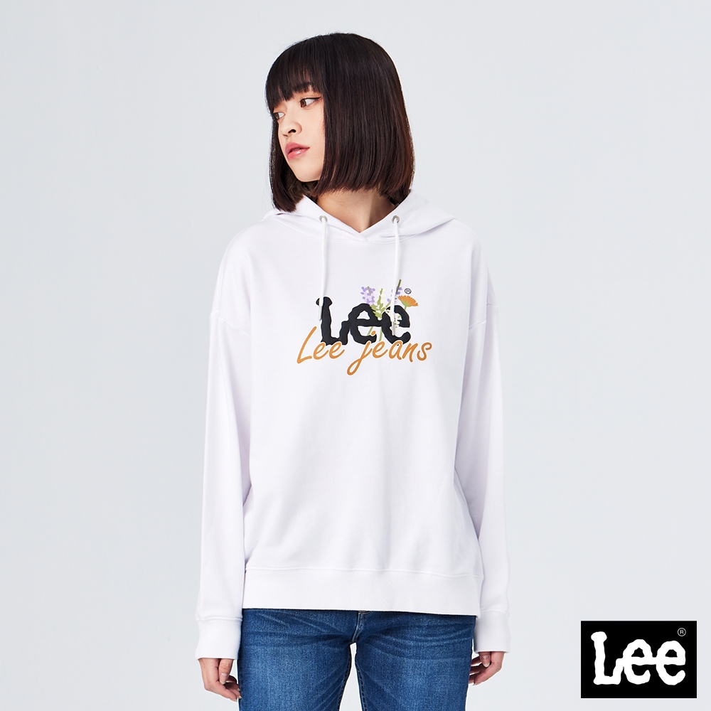 Lee 女款 花草Logo連帽大學T/厚T 白