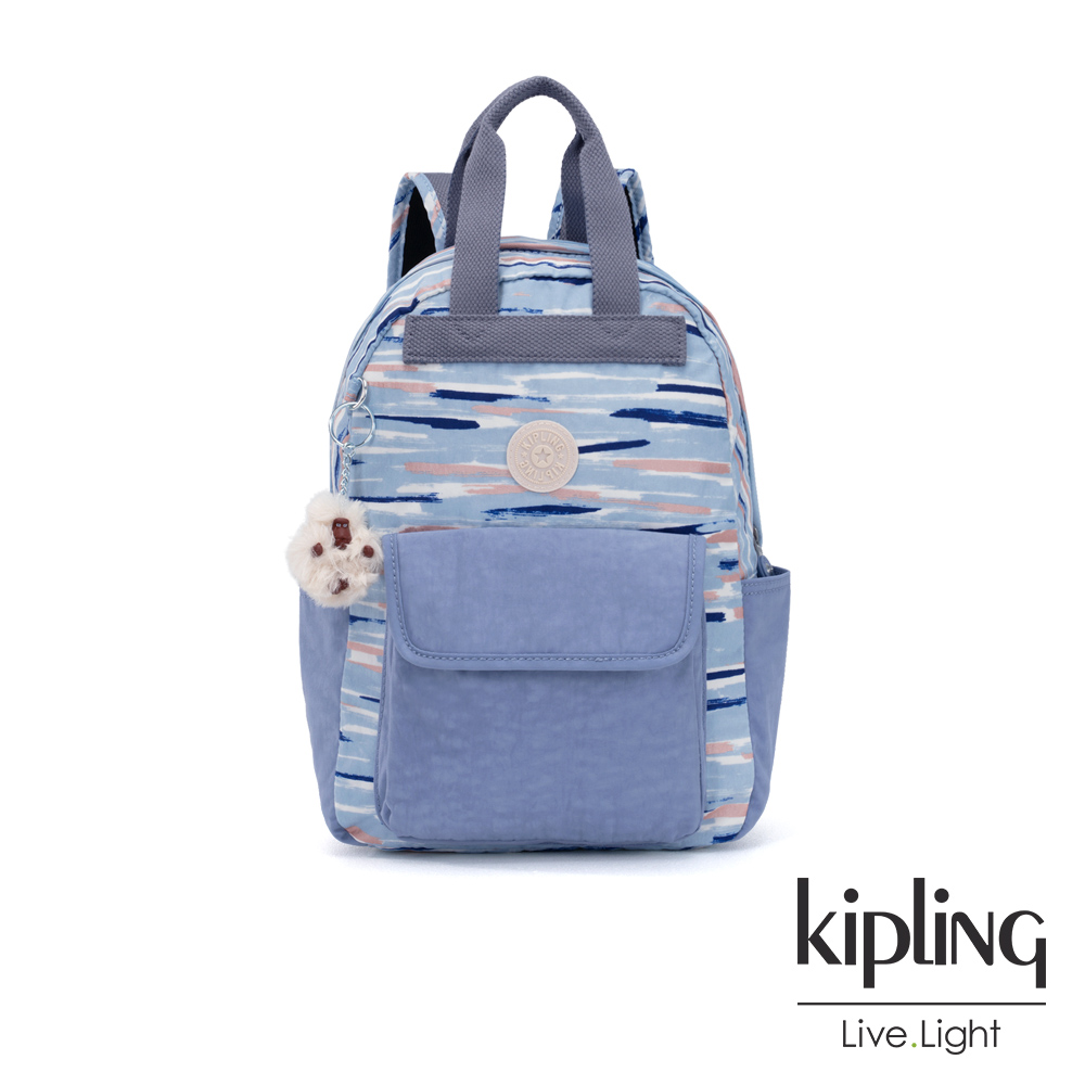 Kipling 柔和藍水彩條紋拼接手提雙肩後背包-小-TIMIL S