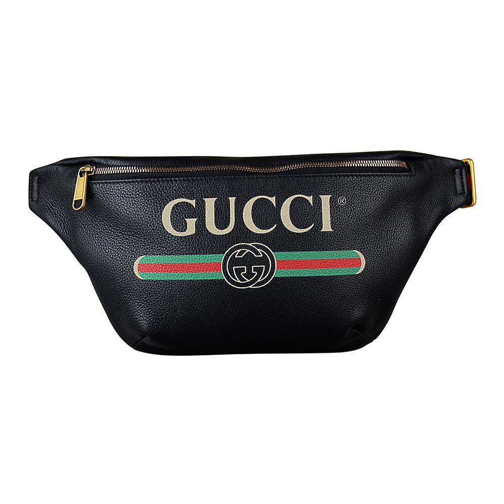 GUCCI 經典印花LOGO綠紅綠織帶牛皮拉鍊胸掛/腰包(黑)