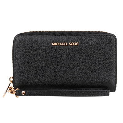 MICHAEL KORS 金字荔枝紋皮革掛帶手機包/中夾(素面黑)