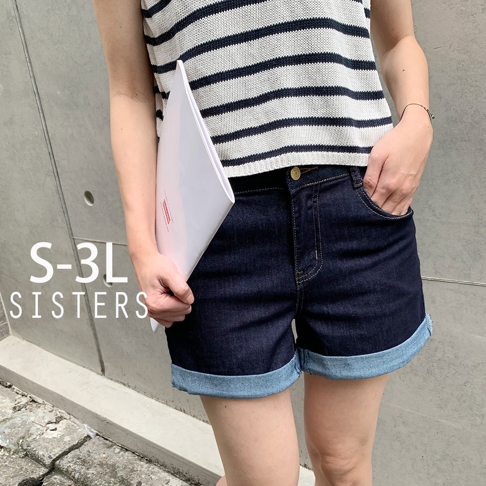 SISTERS 深藍水洗小皮標修身俐落牛仔褲 短褲/S-3L