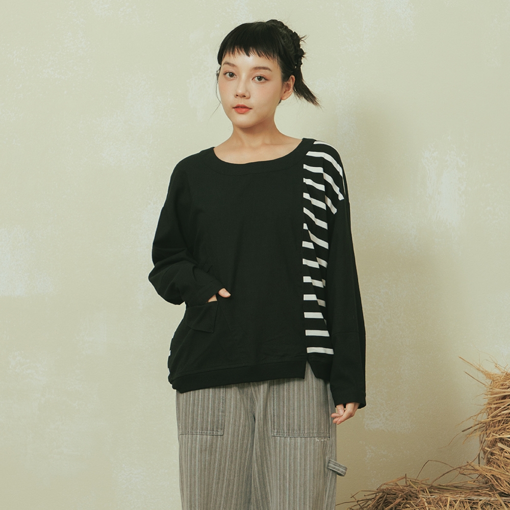 【MOSS CLUB】條紋異材布料剪接-女長袖襯衫(三色/版型適中)