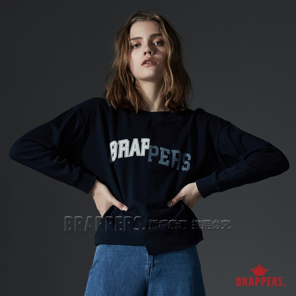 BRAPPERS 女款 不對稱LOGO印花造型長袖T-深藍