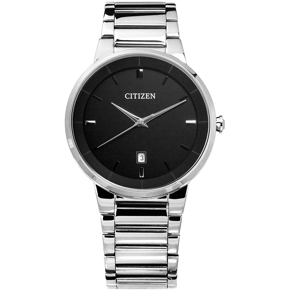 CITIZEN 星辰表 日期日本機芯礦石強化玻璃不鏽鋼手錶-黑色/39mm
