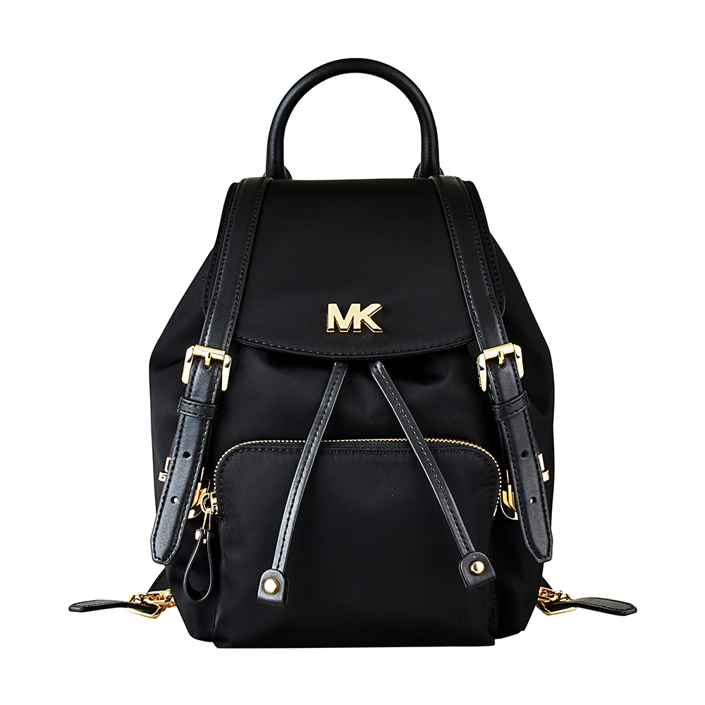 MK MICHAEL KORS BEACON金LOGO尼龍金鏈釦式束口後背包(小/黑)