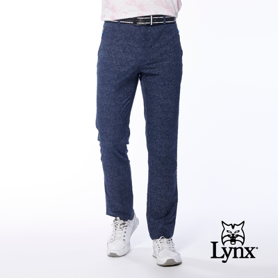 【Lynx Golf】男款日本進口布料拉鍊口袋設計後袋配布剪接平口休閒長褲-牛仔藍色