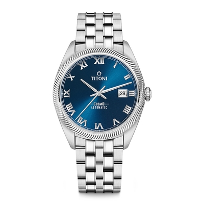 TITONI瑞士梅花錶 宇宙系列自動機械男錶(878 S-658)-羅馬數字時標藍面鍊帶/41mm