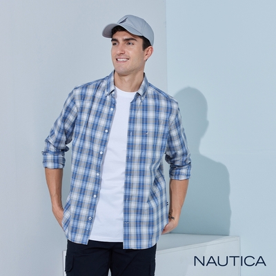 Nautica男裝 簡約格紋長袖襯衫-藍