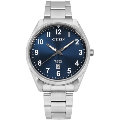 CITIZEN / 簡約時尚 日期 防水100米 不鏽鋼手錶-藍色/42mm