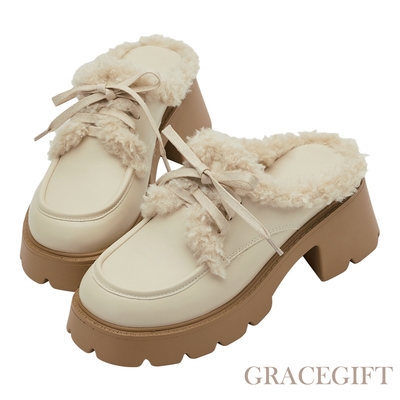 【Grace Gift】紀卜心聯名-萌系少女毛毛厚底穆勒鞋 米白