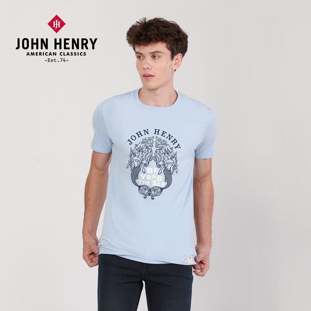 JOHN HENRY 人魚海馬印圖T恤-藍色