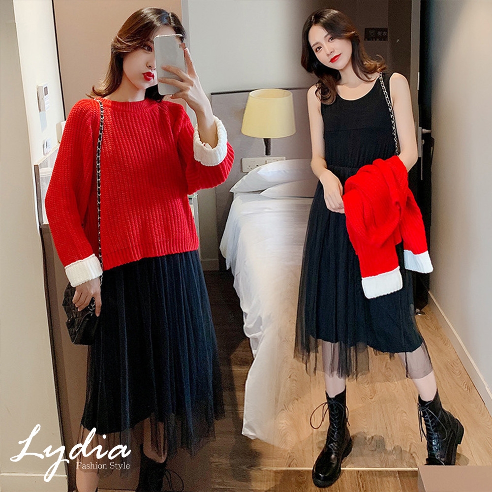 【Lydia】氣質針織上衣+背心網紗裙兩件套裝(紅黑 F)