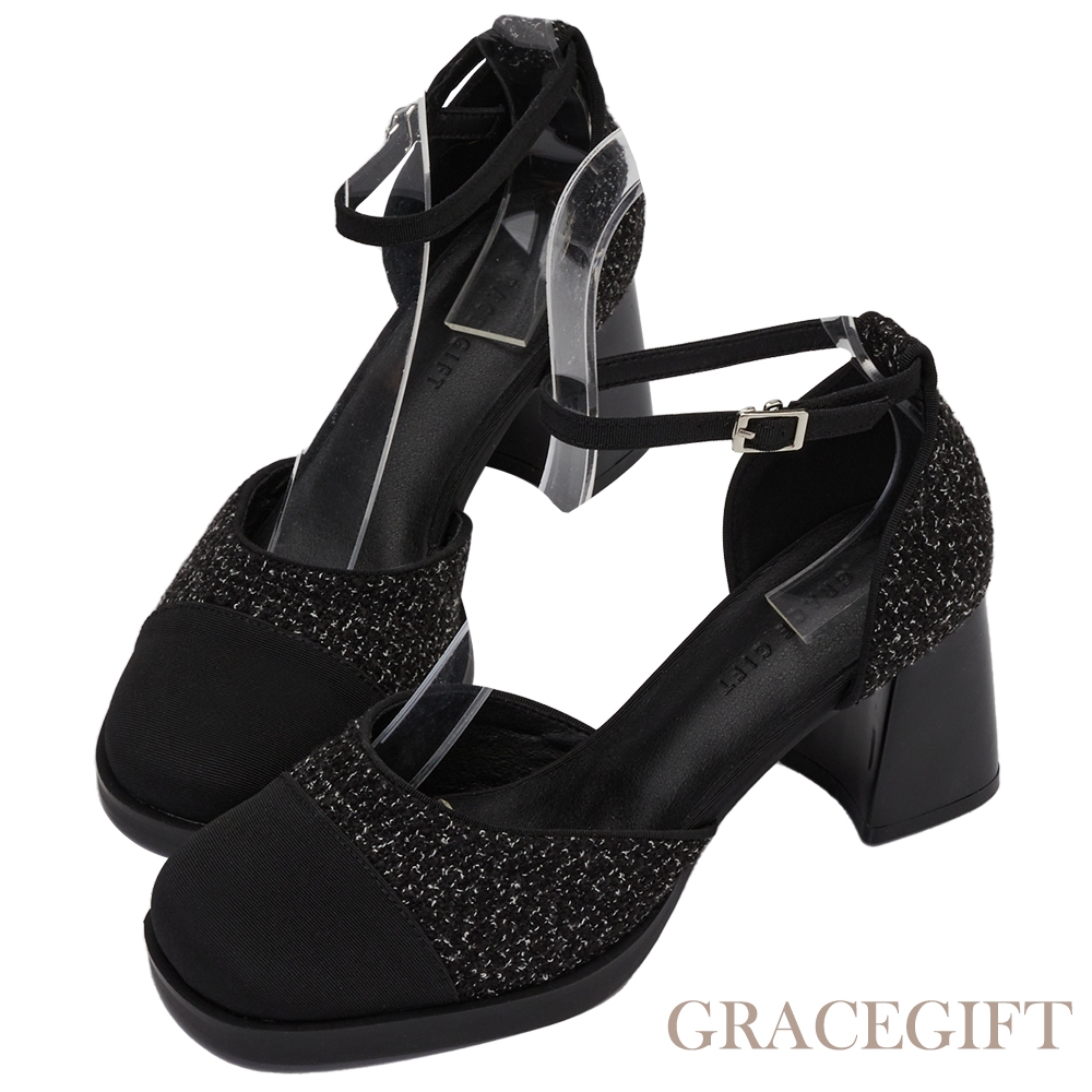 【Grace Gift】優雅名媛風繫踝中高跟鞋 黑