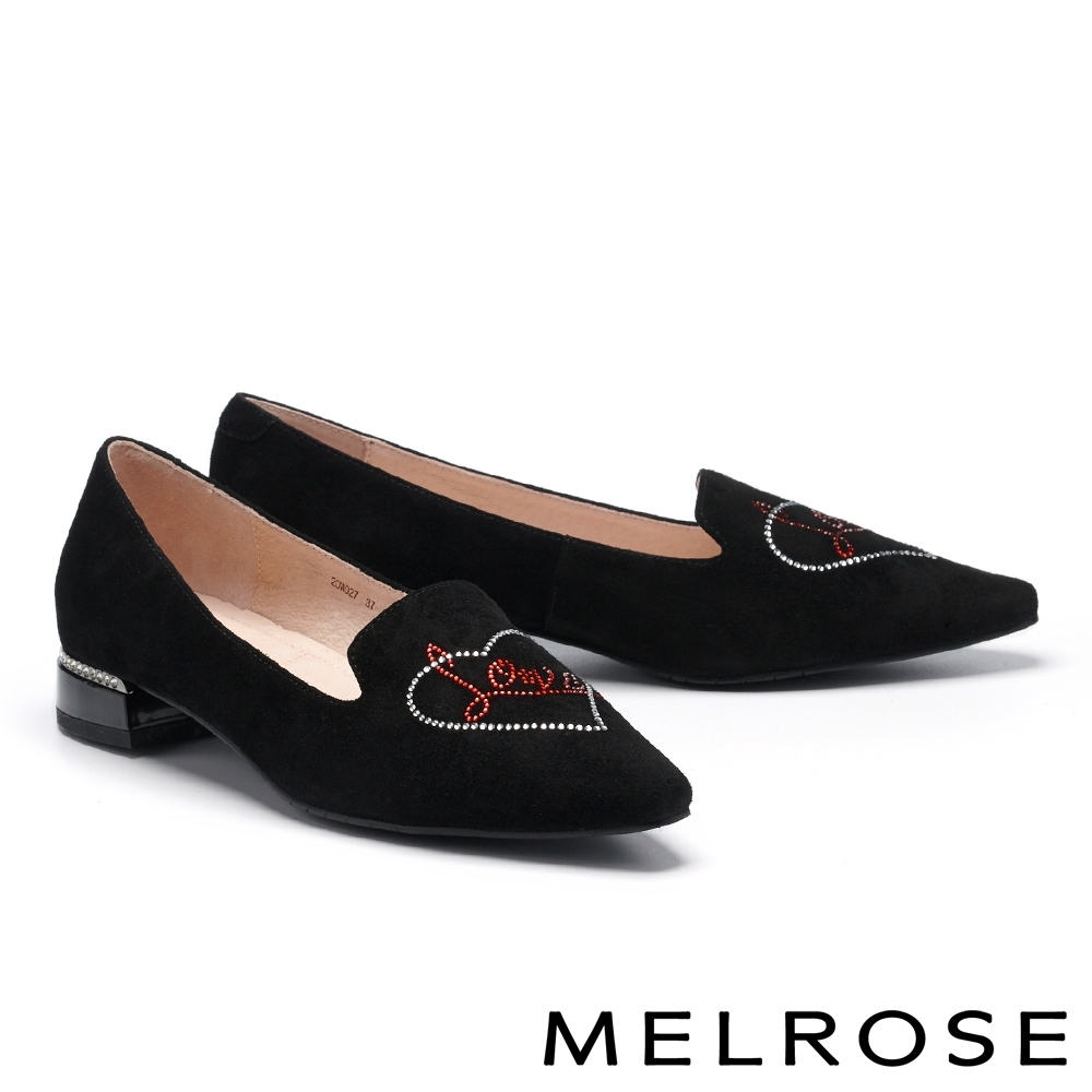 低跟鞋 MELROSE 時髦閃耀愛心水鑽全真皮尖頭低跟鞋－黑
