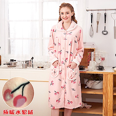 睡衣 櫻桃甜心 極暖高克重超柔軟水貂絨連身睡衣(R75226-2粉)蕾妮塔塔