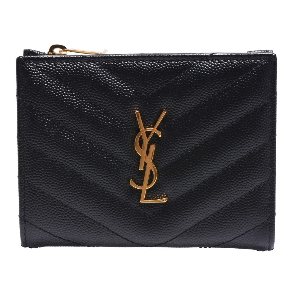 YSL MONOGRAM系列V字縫線小牛皮金色金屬LOGO暗釦短夾(黑)