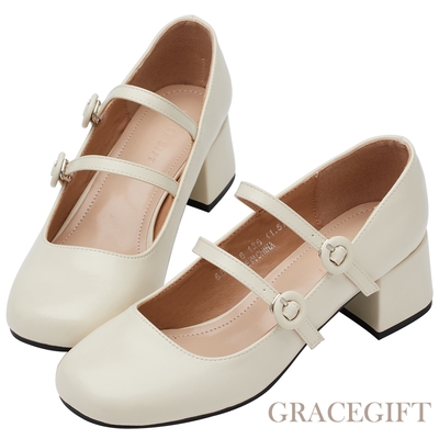 【Grace Gift】甜美圓釦雙帶中跟瑪莉珍鞋 米白