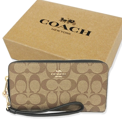 COACH 經典C LOGO手掛式零錢袋長夾禮盒(焦糖/黑)