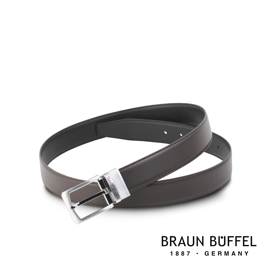 【BRAUN BUFFEL 德國小金牛】台灣總代理 沉穩紳士方頭字母壓印可旋轉穿針式皮帶-銀色/BF21B-WEG201-SNK