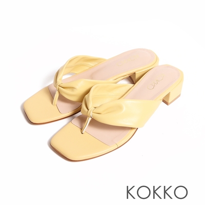 KOKKO氣質抓皺感綿羊皮夾腳低跟拖鞋黃色