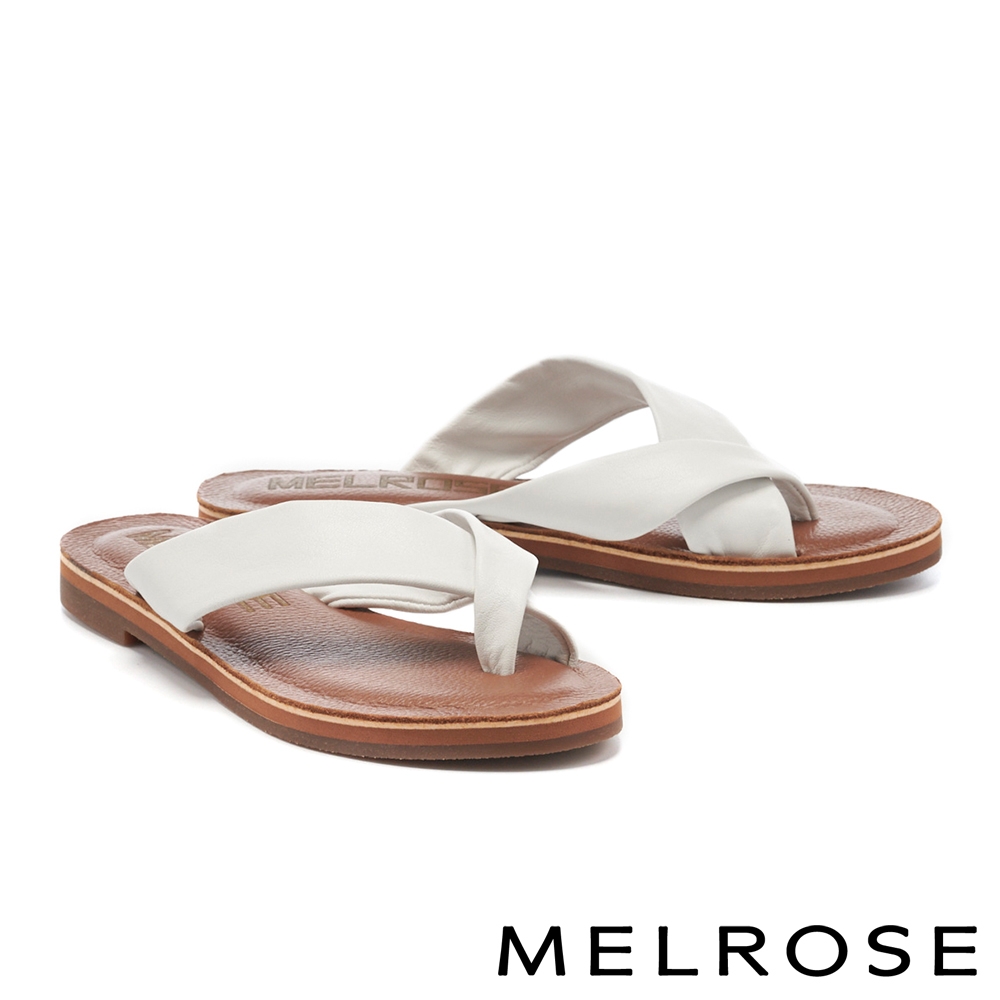 拖鞋 MELROSE 簡約隨興交叉繫帶全真皮低跟拖鞋－米
