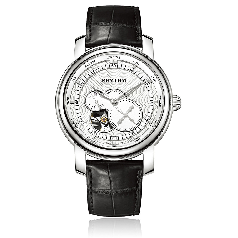 RHYTHM日本麗聲 時尚商務分鐘印紋半鏤空自動機械真皮腕錶-白/51mm