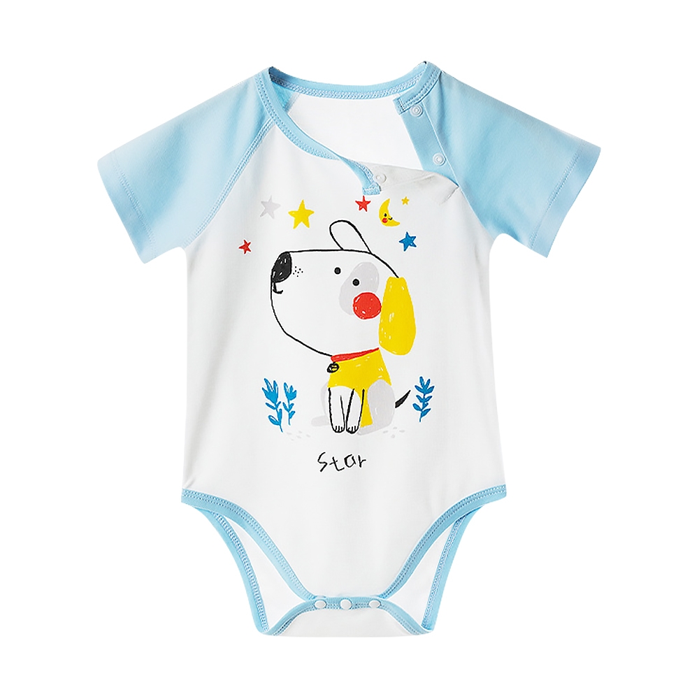Colorland- Muslintree新生兒無骨縫制包屁衣 小狗波比 連身衣 嬰兒短袖 寶寶短袖 和尚服