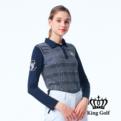 【KING GOLF】女款千鳥格紋薄款長袖POLO衫/高爾夫球衫-深藍