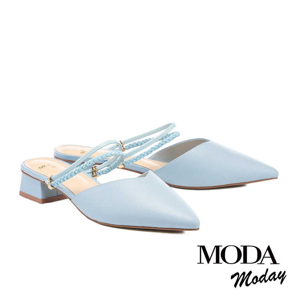穆勒鞋 MODA MODAY  韓系簡約兩穿繫帶尖頭低跟穆勒拖鞋－藍