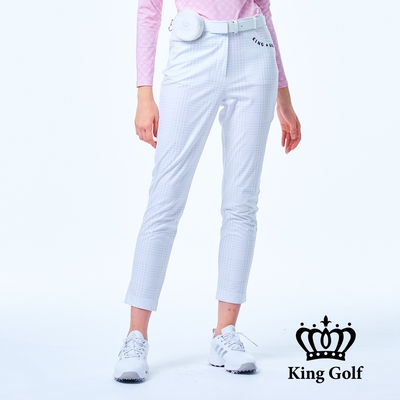 【KING GOLF】女款高腰千鳥格紋彈性舒適高爾夫球長褲-白色