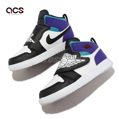 Nike 童鞋Sky Jordan 1 PS 黑白紫魔鬼氈中童小朋友親子鞋休閒鞋BQ7197