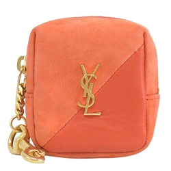 YSL Saint Laurent金屬LOGO素色羊皮方形零錢包(橘)