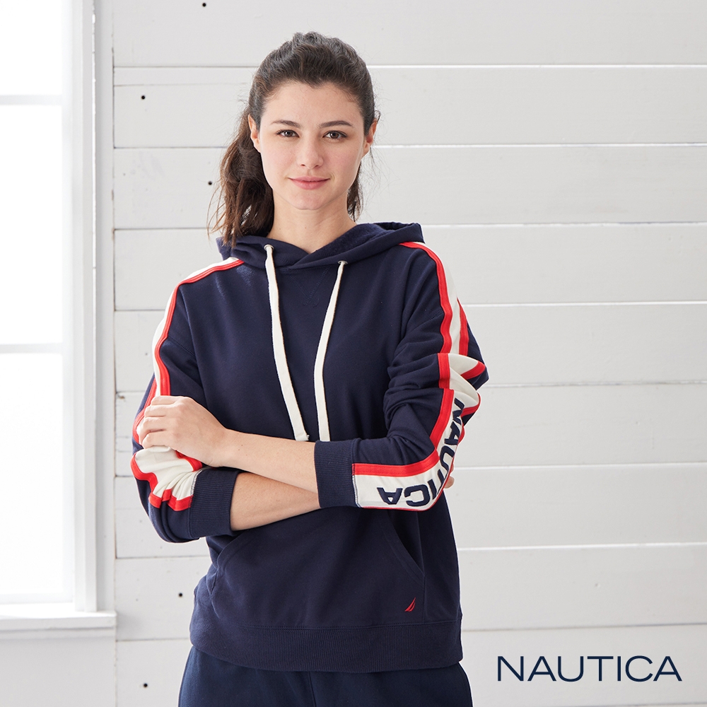 Nautica 女裝 保暖長版連帽長袖T恤-深藍