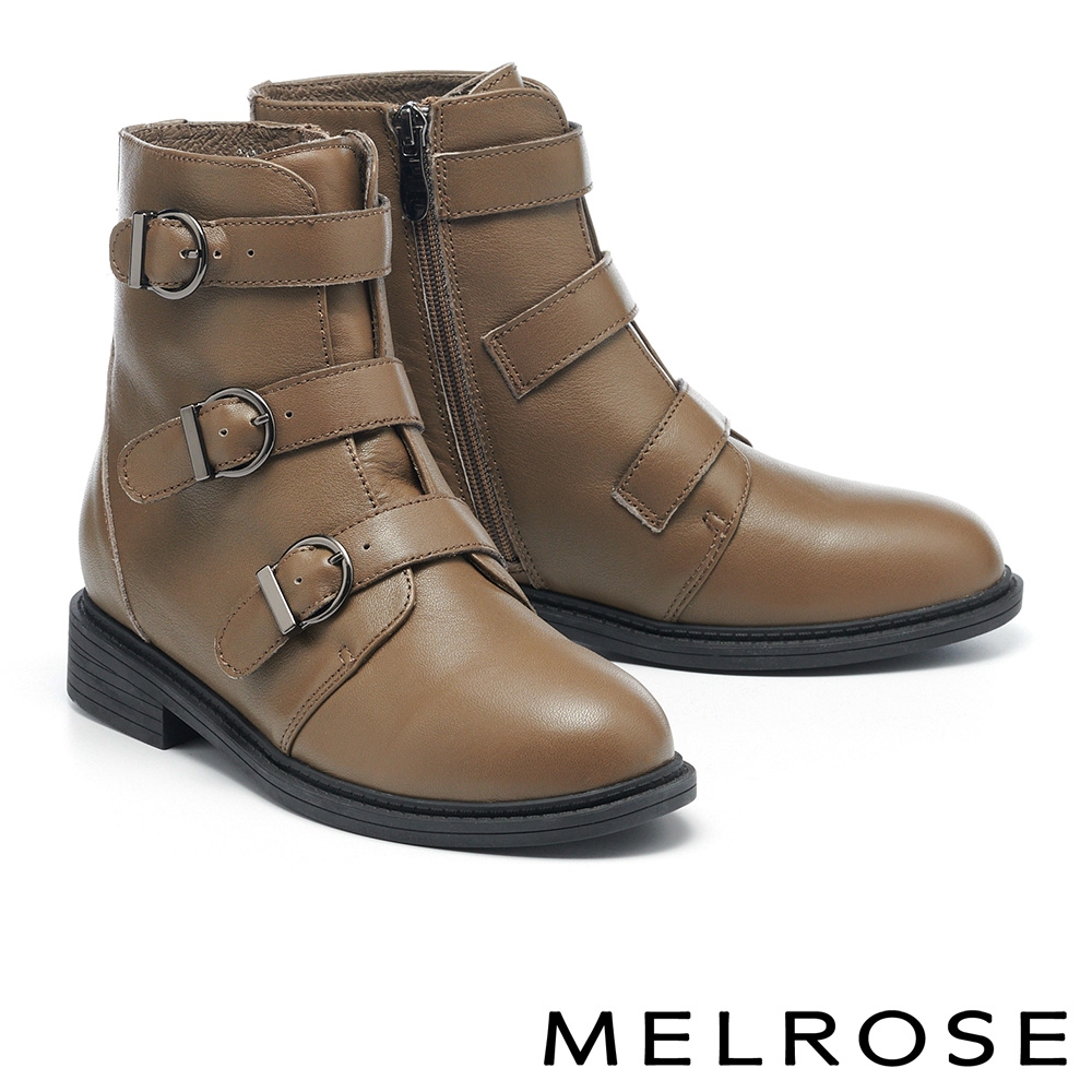 短靴 MELROSE 美樂斯 率性沉穩純色三寬帶牛皮低跟短靴－綠