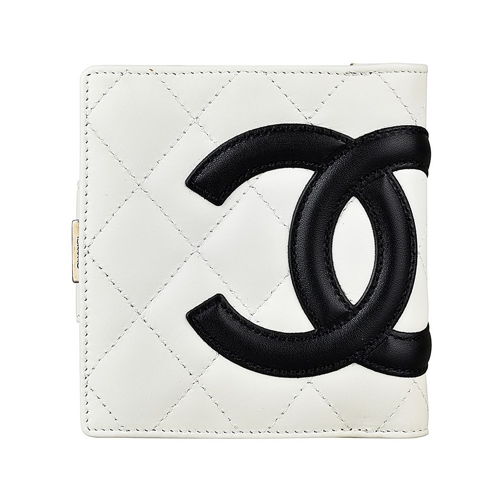 CHANEL 康朋系列雙C LOGO羊皮6卡扣式短夾(展示品/白x黑)