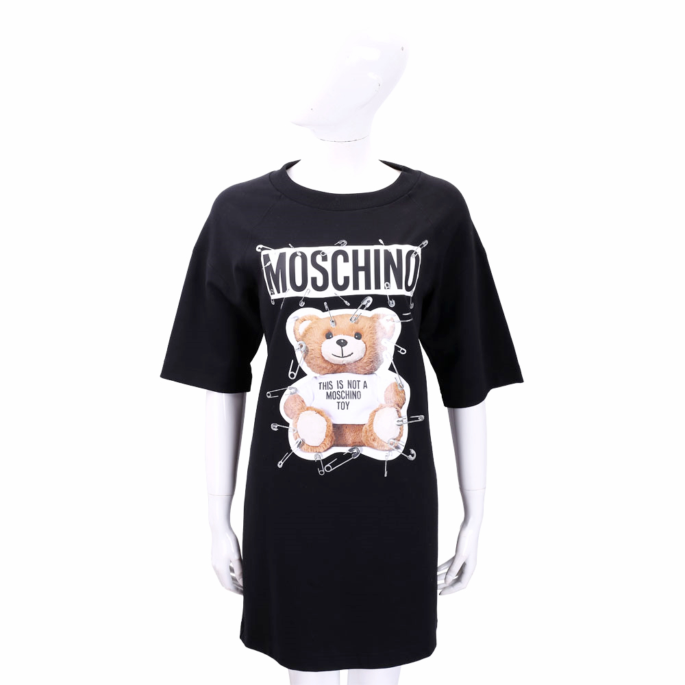 MOSCHINO 別針泰迪熊印花黑色短袖連身裙