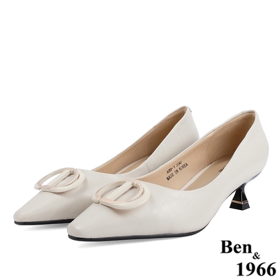 Ben&1966高級頭層石頭紋牛皮流行尖頭跟鞋-米白(218352)