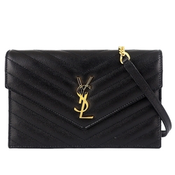 YSL MONOGRAM V型縫線珍珠紋牛皮金屬鏈帶手拿/斜背包(黑/6卡)