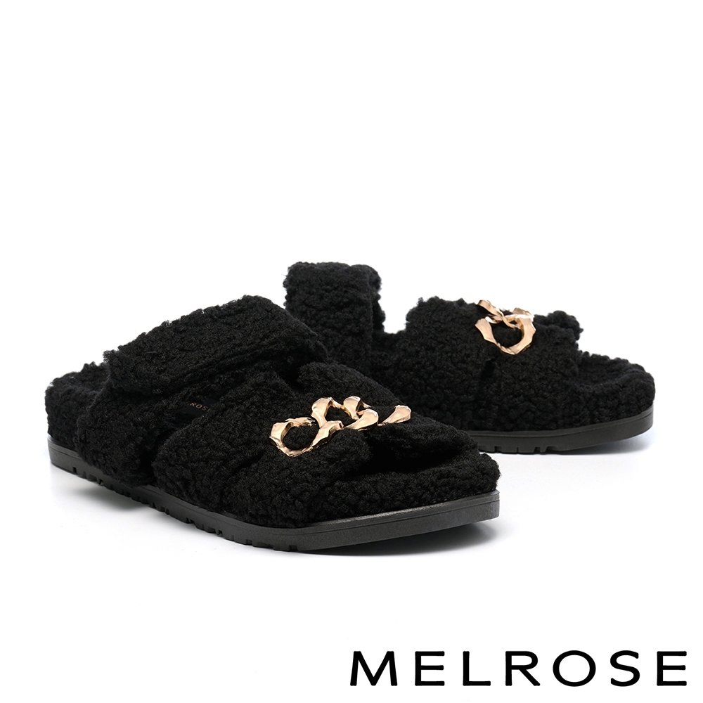 拖鞋 MELROSE 美樂斯 溫暖舒適鍊條釦QQ絨毛寬帶厚底拖鞋－黑