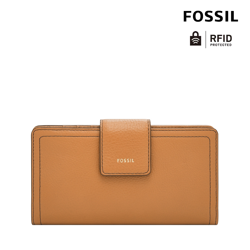 FOSSIL Logan 真皮扣式RFID防盜中長夾-焦糖色 SL7830235