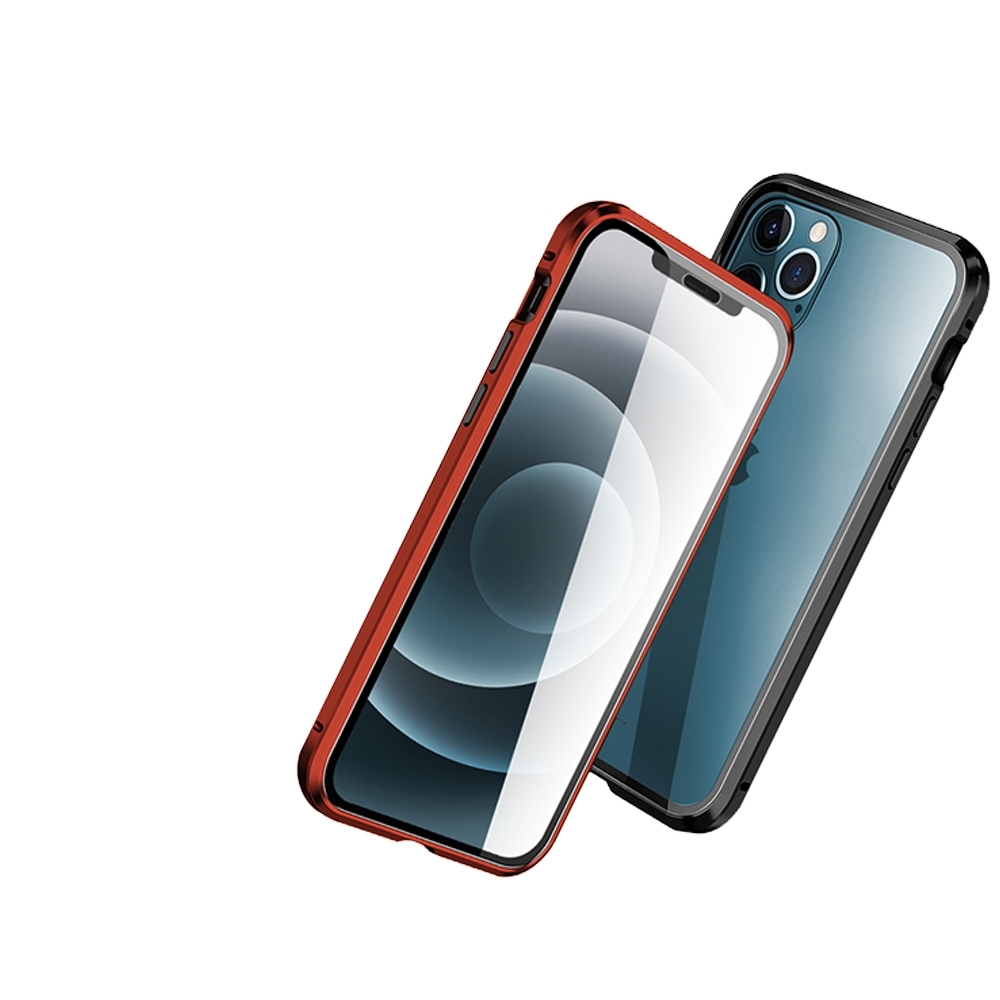 iPhone 12 保護殼 金屬 透明 全包覆 磁吸雙面玻璃殼 手機殼 黑色 (iPhone12手機殼 iPhone12保護殼 )