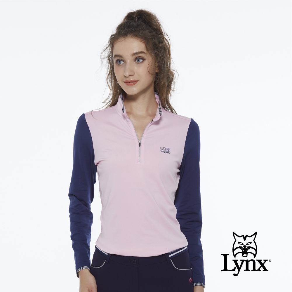 【Lynx Golf】女款假兩件式刷毛素面兩袖異色拼接長袖立領POLO衫-粉色