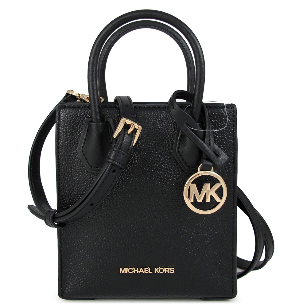 MICHAEL KORS Mercer 金字大圓標Logo荔枝紋皮革迷你琴譜兩用包(黑色)