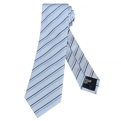 EMPORIO ARMANI標籤LOGO斜條紋設計搭配老鷹緹花內裡真絲領帶(寬版/淺藍)
