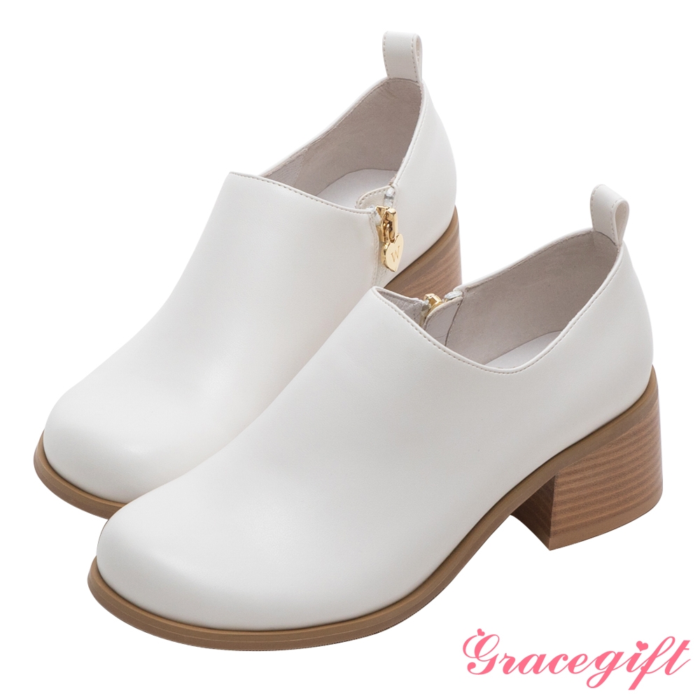【Grace Gift】舒芙蕾簡約低跟踝靴 米白